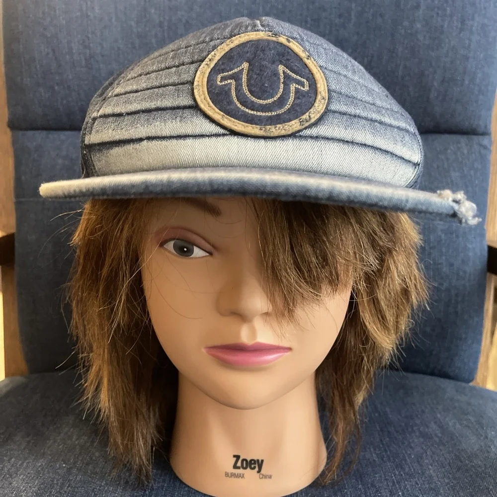 True Religion Blue Denim Ribbed Horseshoe Patch Strapback Hat Distressed Cap